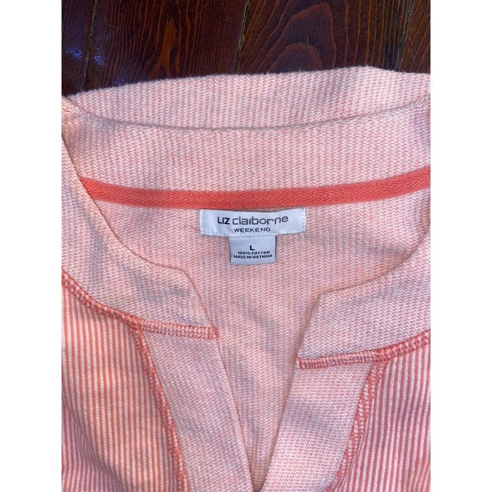 Liz Claiborne Weekend Peach White Striped Split Neck Sweatshirt Top Coastal - L - Picture 3 of 4